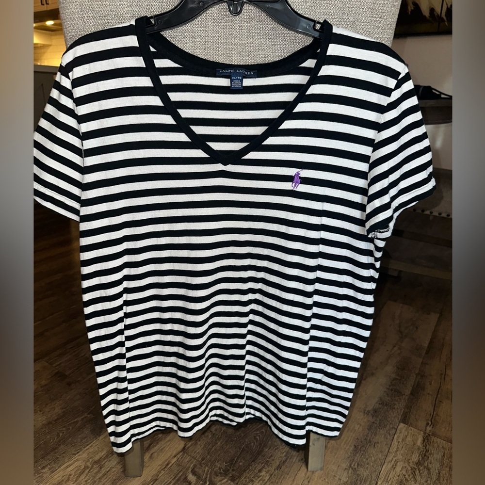 Polo Ralph Lauren Womens SS V Neck Signature Pony Tee Black/White Size XL